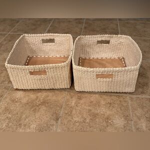 Storage basket with handles decorative wicker like wooden bottom 2 12”